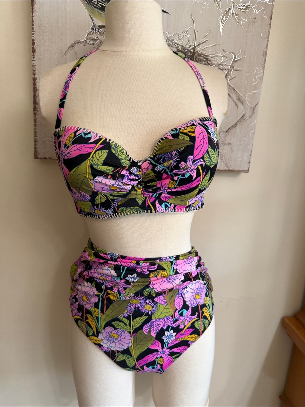 Victoria's Secret Black Floral Balconette longline Bikini top high waisted 36C L